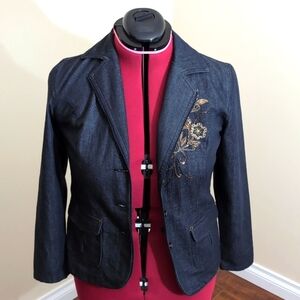 Conviction Sport| Blue Denim Blazer With Beaded Floral Embroidery